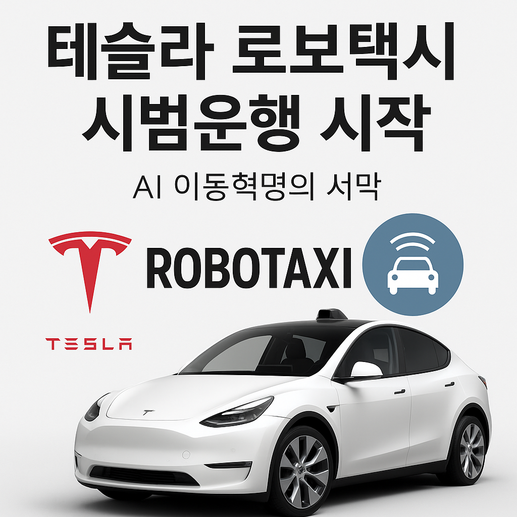 테슬라 로보택시 시범운행 시작을 알리는 이미지 - Model Y 차량과 AI 자율주행 아이콘이 함께 표현됨